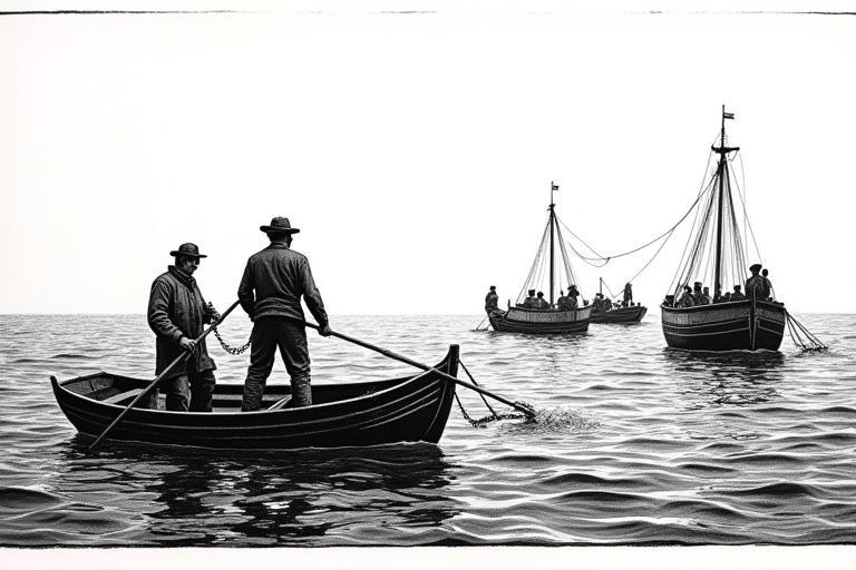 Vintage woodcut illustration of British fishermen
